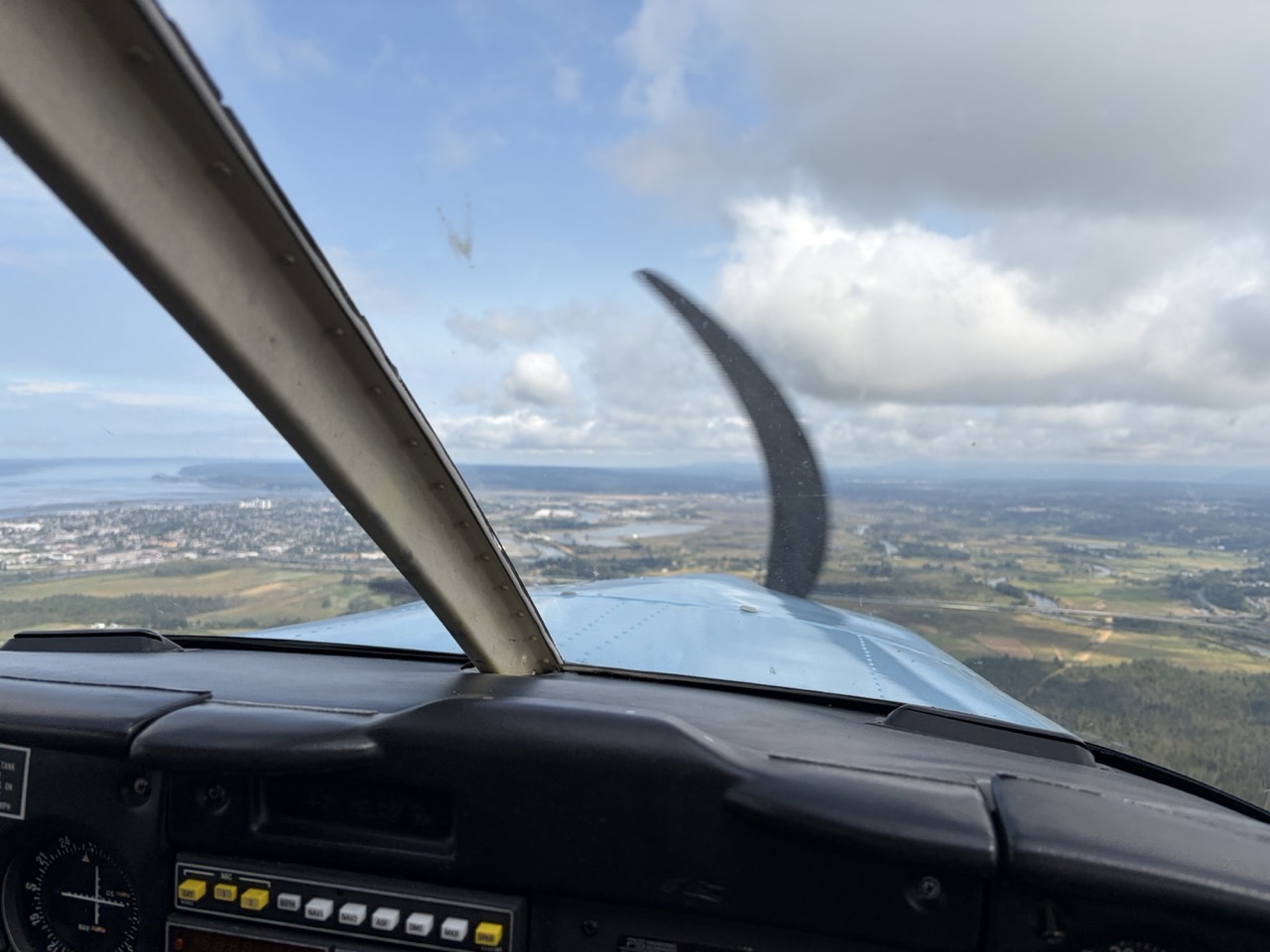 View through the airplane windshield during the flight