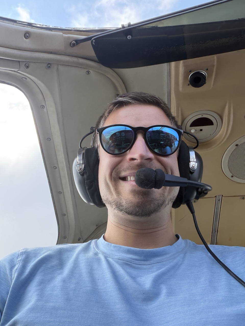 Wearing a headset inside the airplane